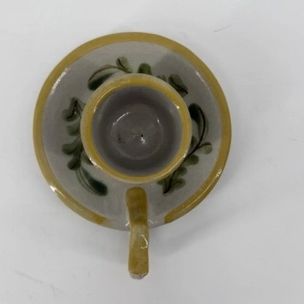 Louisville Stoneware Miniature Cup and Saucer Hand Painted Floral Gray Yellow